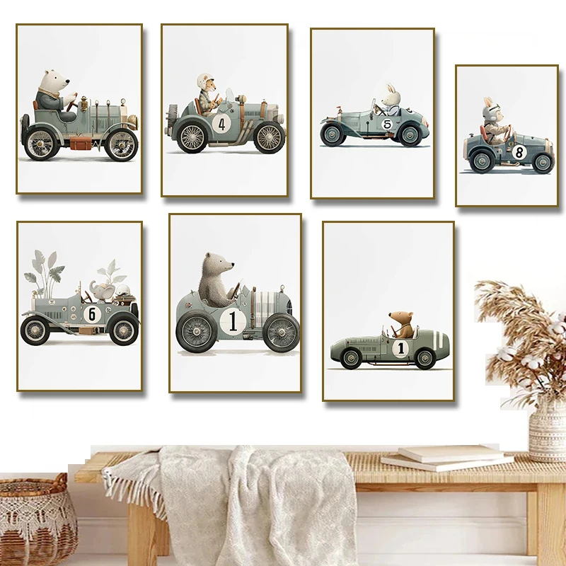 （2D Canvas painting） Watercolor Animal Driver  Poster Polar Bear Lion Rabbit Vintage Race Car Canvas Painting Print Wall Art