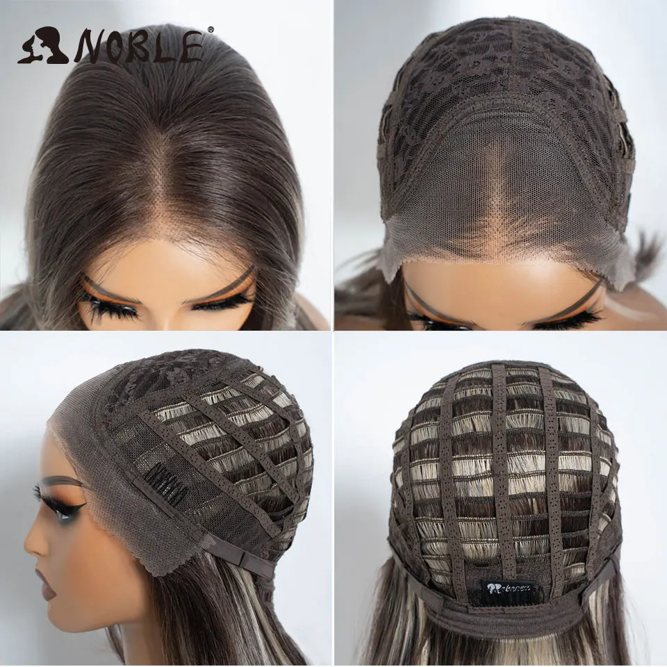 Edle synthetische Lace-Front-Perücke, 13x3, mit freiem Scheitel, vorgezupfte Bob-Perücke, 16 Zoll, gerade, gestuft, Ombre-Grau, Lace-Front-Perücken für Damen – Detail 9