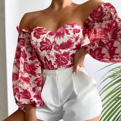 Women Floral Printed Chiffon Blouse Off Shoulder Tube Top Long Sleeve Slim Elegant Tops Summer Streetwear Vacation Party Clothes