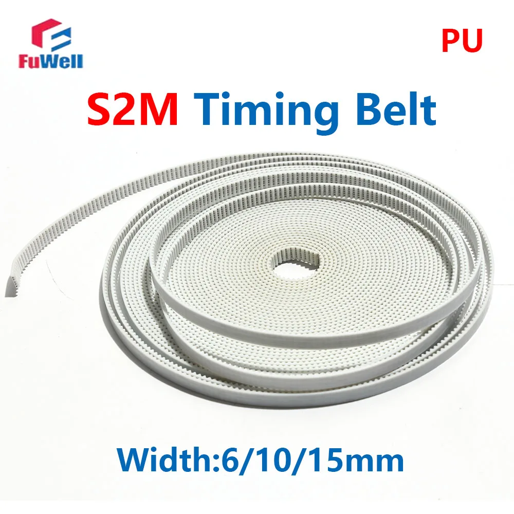 FuWell S2M White PU Polyurethane Toothed Timing Pulley Belt 6/10/15mm Width Synchronous Transmission Belt Open Type 3D printers