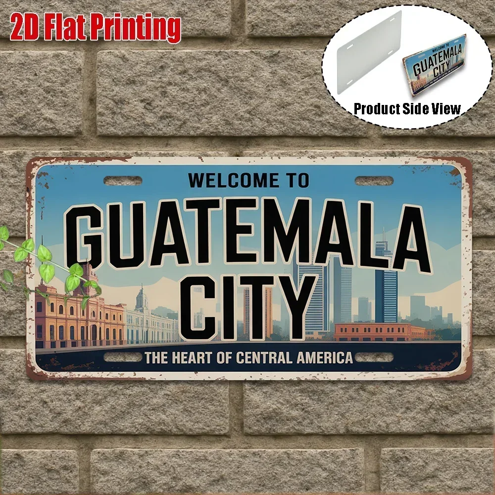 2D Flat,1pc, Vintage Aluminum Sign, Only for Decoration, Outdoor Wall Art , Welcome to Guatemala City Sign