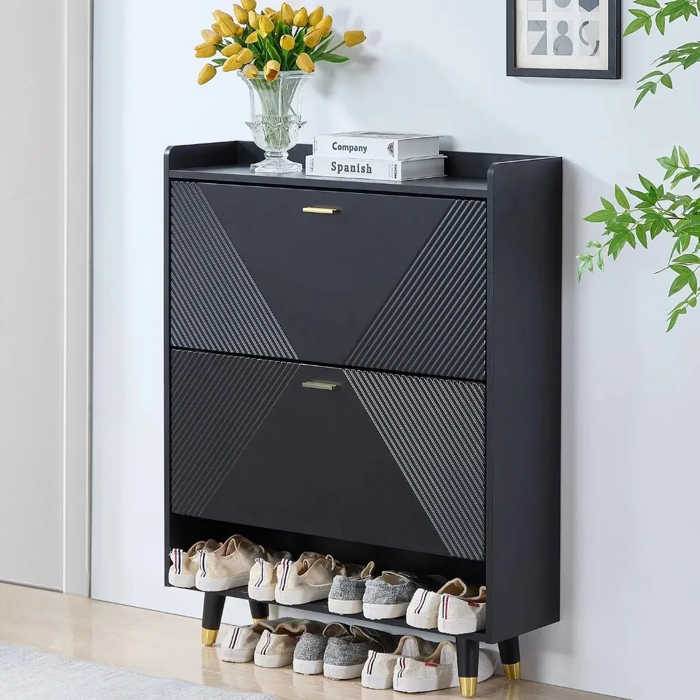 

Shoe Cabinet, Black Slim Shoes Cabinet with 2 Flip Drawers, Narrow Shoes Rack, Shoe Cabinet