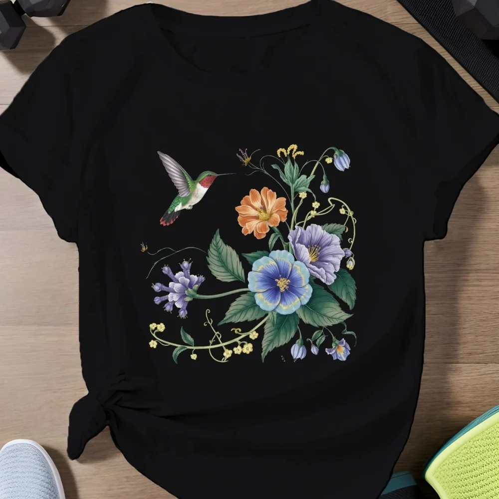 Short Sleeve T-shirts Women Shirt Stylish Bird Flower Graphic Top Print Watercolor Flower Trend Fashion Female Casual Clothing