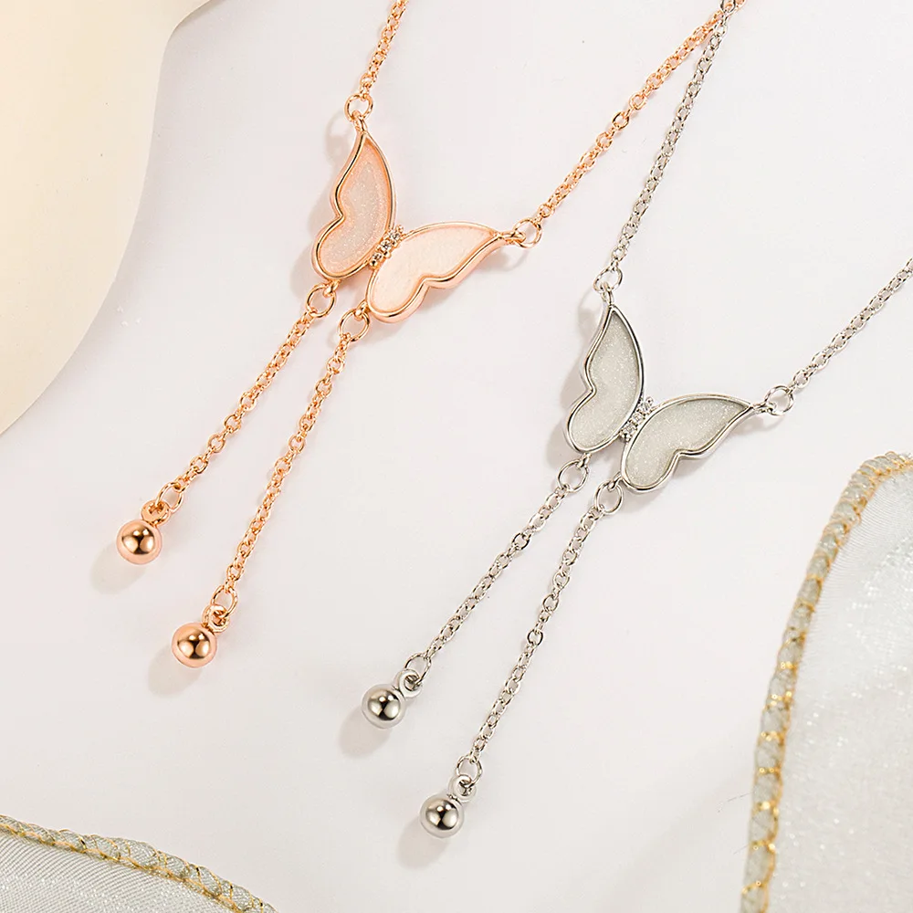 

925 Sterling Silver Necklace Tassel Butterfly Pendant Ladies Fashion Simple Birthday Party Wedding Anniversary Jewelry Gift