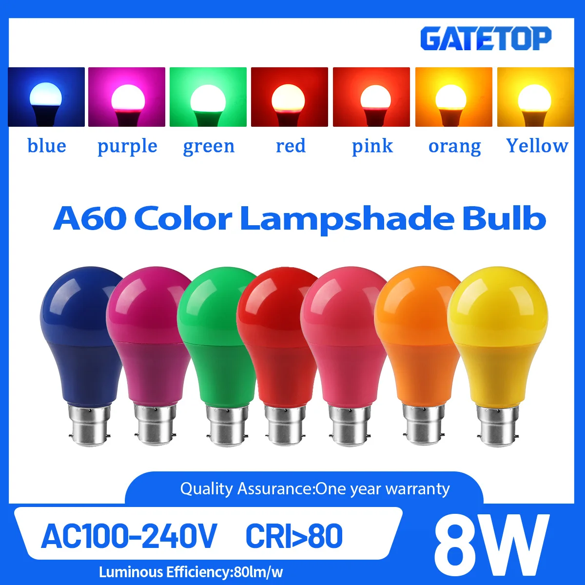 1 5 10 15 20PCS A60 E27 8W Wide Voltage Color LED Bulb Red Green Blue Yellow Orange Purple Pink CRI 80 For Home Deco Foyer Party
