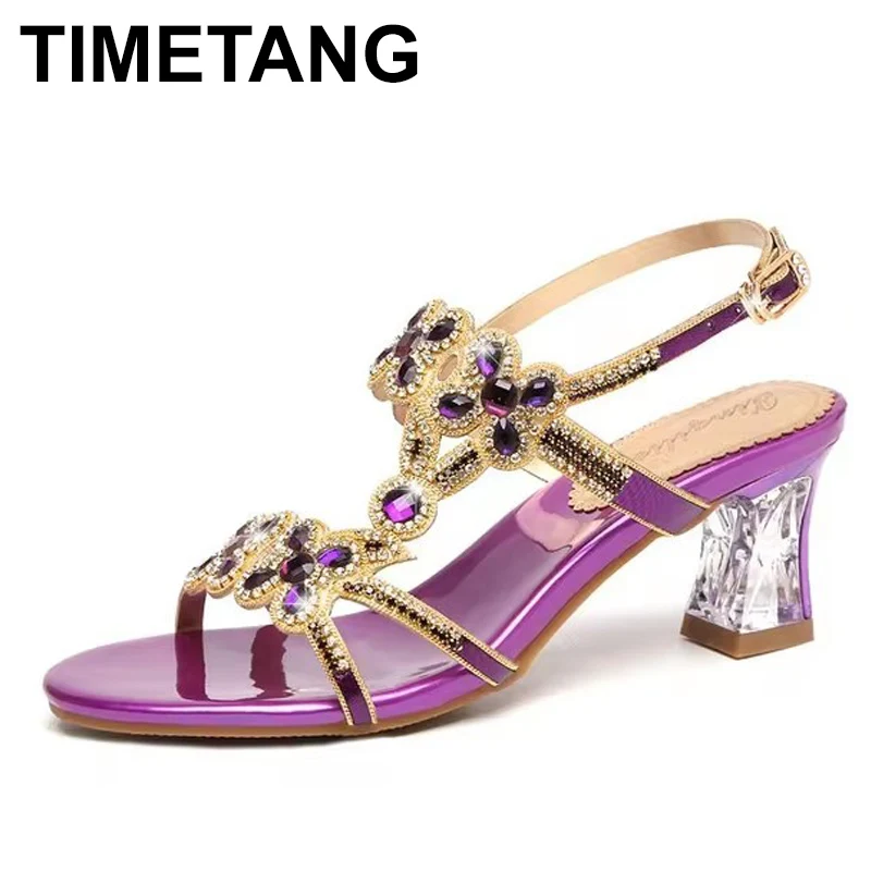 Summer New Style Rhinestone High Heel Sandals Women's Open Toe Fashion Elegant Beach Shoes Roman Diamond-encrusted Shoes