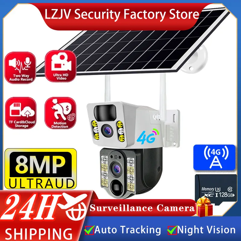 

LZJV Dual Lens 8MP Solar Camera 4G Low Power Wireless Outdoor Security Surveillance Cameras Solar Panel Human Detection PTZ CCTV