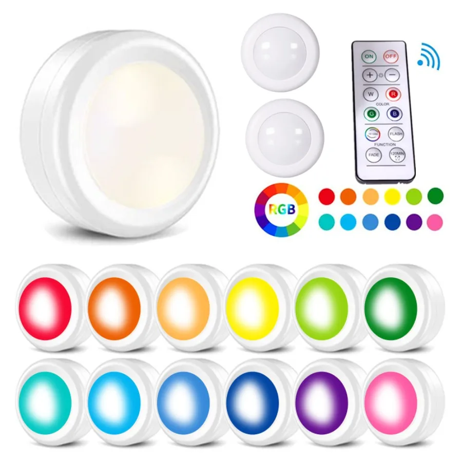 1 Set Multiple Controls 16 Colors Cabinet Light Dimmable LED Round Night Light Portable Cabinet Kitchen Closet Lamps with Remote