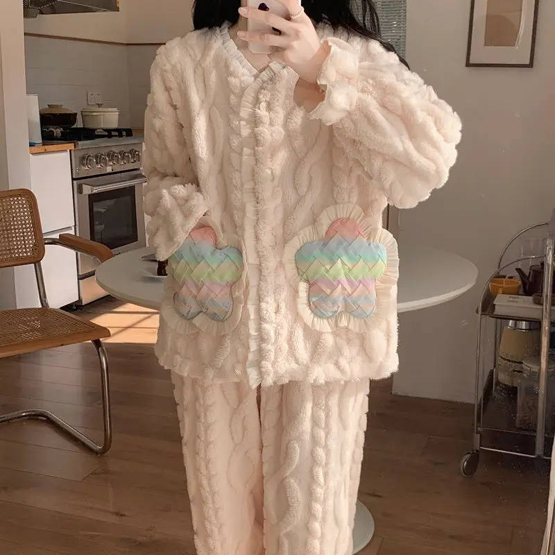 

Женские пижамы на осень-зиму, удобная одежда для сна, новая модель, утепленный коралловый флис, сохраняющий тепло, милый костюм премиум-класса, домашняя одежда ﻿