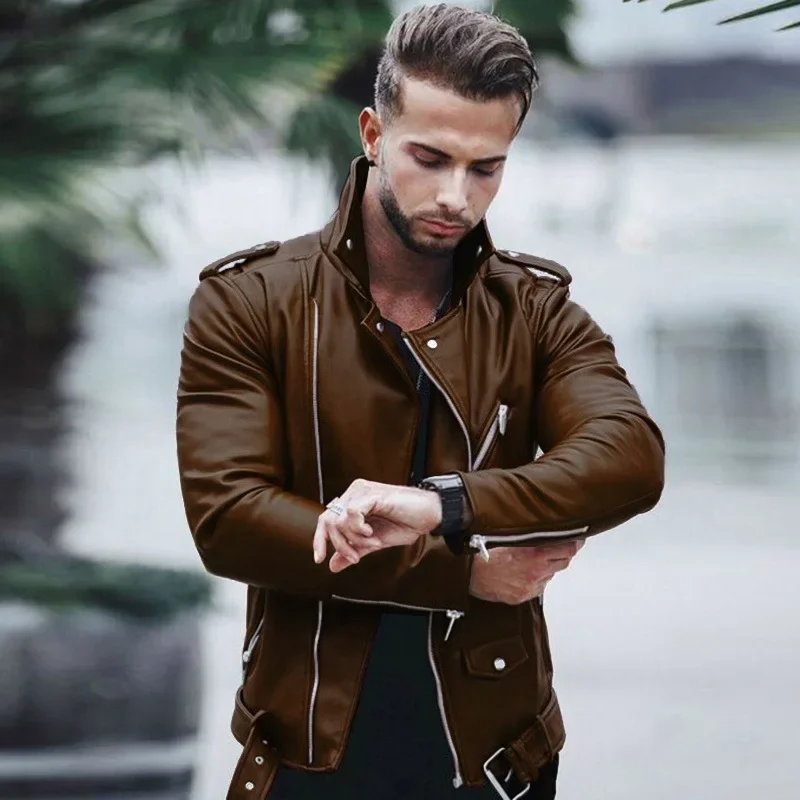 New autumn and winter men Pu leather coat large size standing collar fashion slim zipper leather jacket