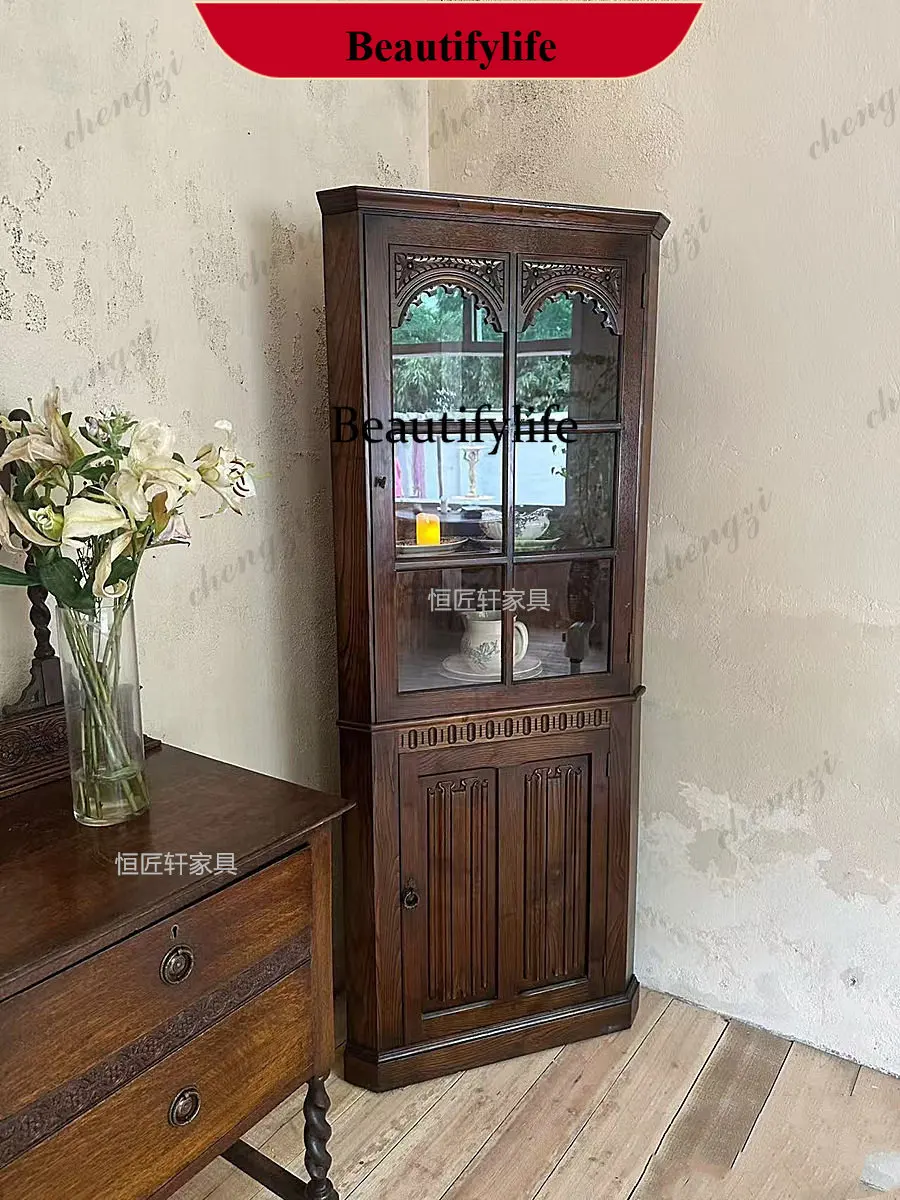 p182 American solid wood corner cabinet medieval living room corner against the wall triangular side cabinet French retro