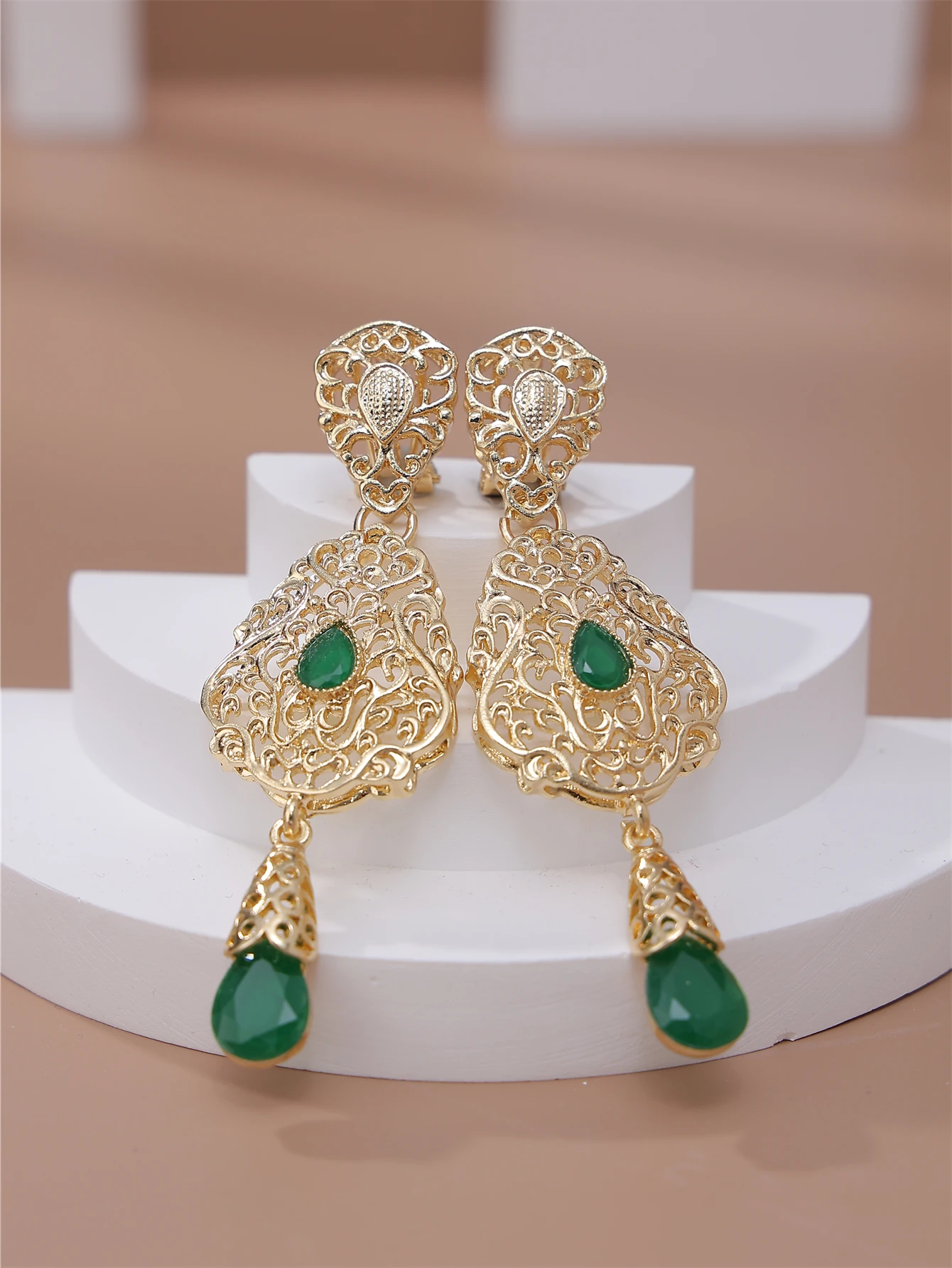 Luxurious Moroccan Bride Earrings, Wedding Jewelry, Hollowed-Out Carved Earrings, French Hook Design, Inlaid With Rhinestone