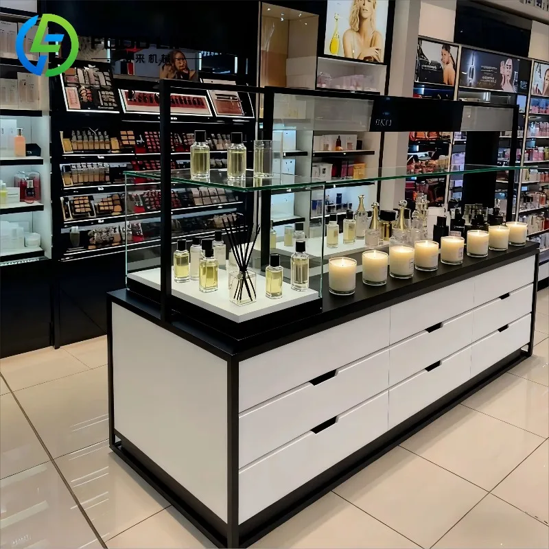 Customized Modern luxury indoor LED display cabinets with tempered glass and metal for perfume display stands and cabinets