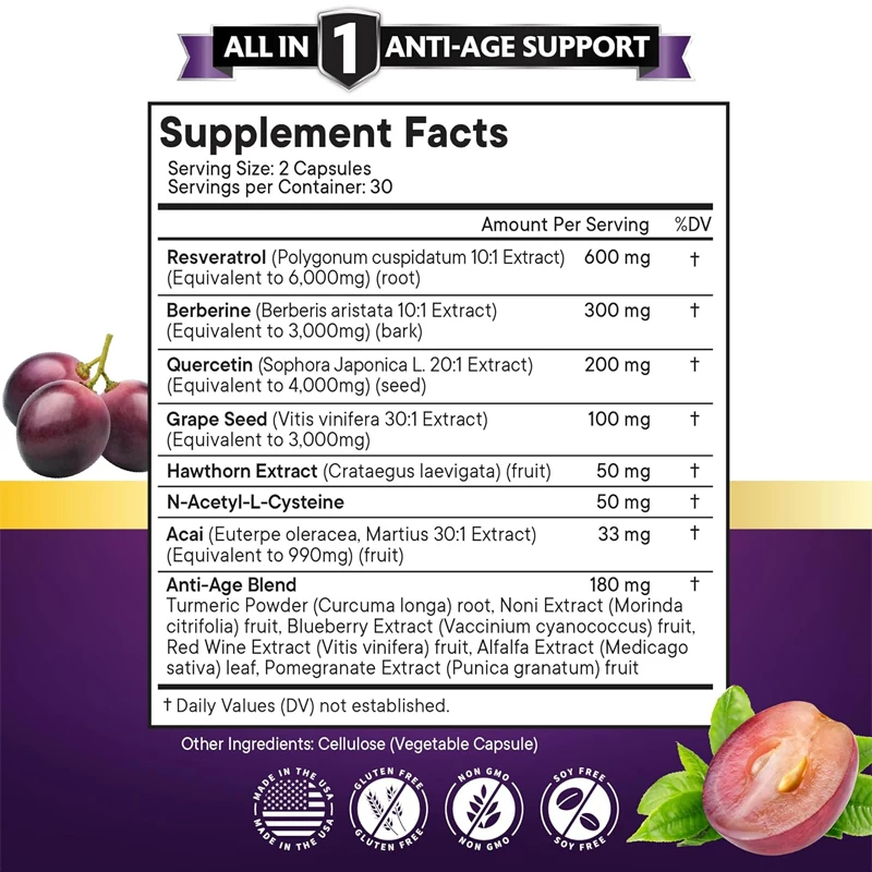 Resveratrol, Asparagine, Grape Seed Extract, Quercetin Polyphenols Supplement, N-acetylcysteine, Acai Berry Extract -60 capsules