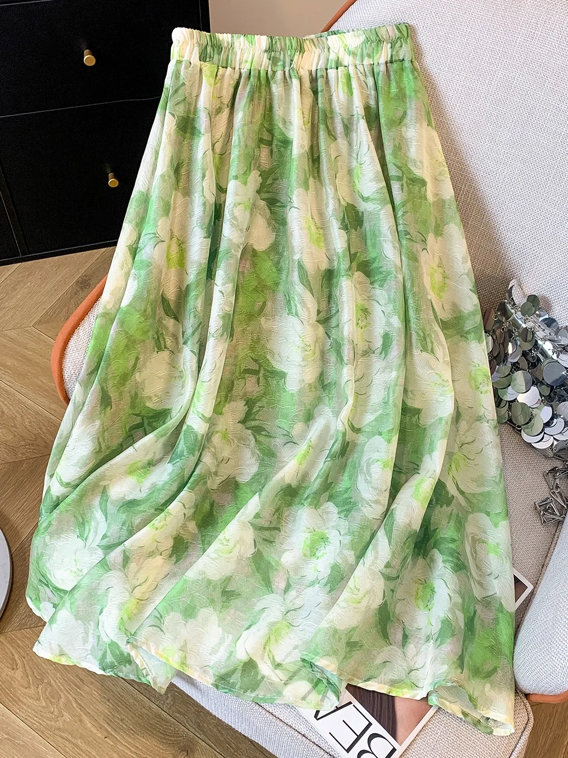 Elegant Green Floral Half Skirt Women's Summer Forest System Elastic High Waist Draping Slim A-Line Large Swing Skirt
