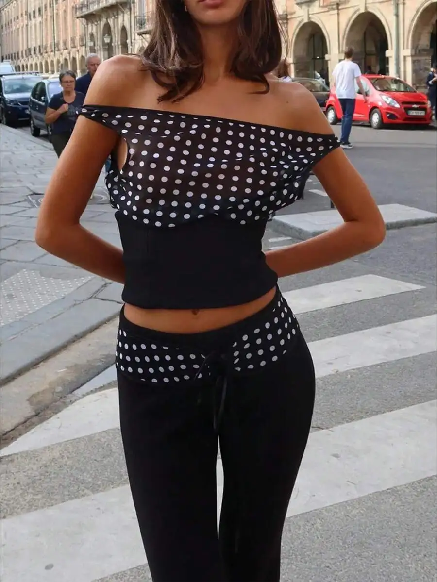 

Women Summer Off Shoulder Polka Dot Mesh Crop Top