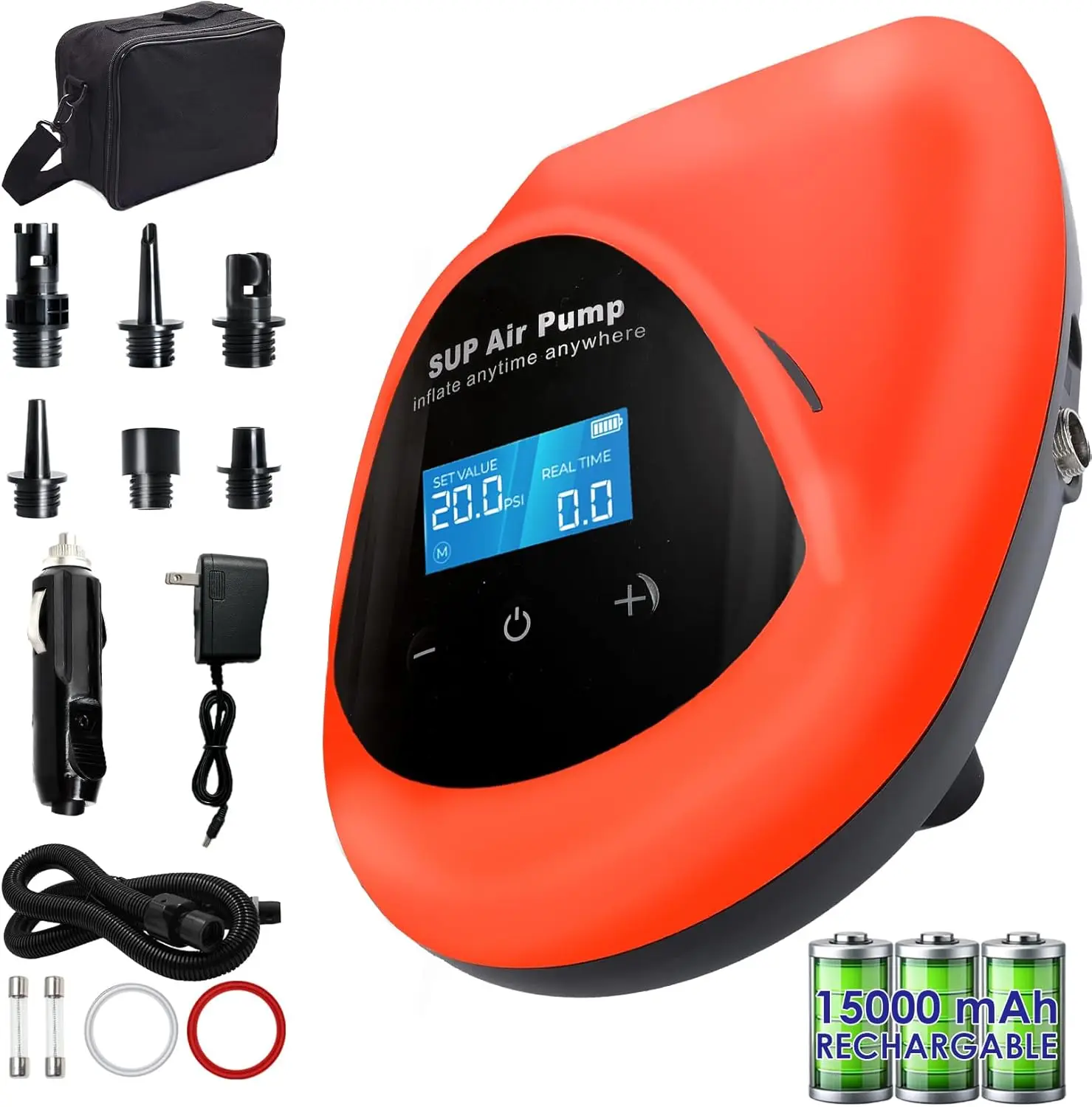 

Перезаряжаемый SUP-насос 20PSI, аккумулятор 15000 мАч, беспроводной электрический с автоматическим отключением, ЖК-дисплей для каяка, лодки, палатки
