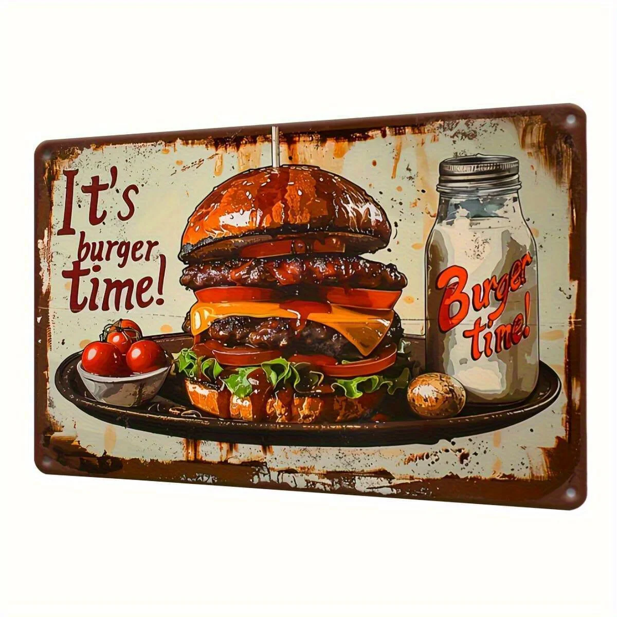 It's Burger Time! Vintage Metal Tin Sign - Retro Diner Wall Art with Appetizing Design, Distressed Edges, Durable Iron