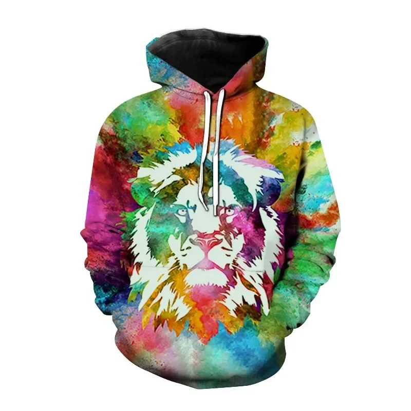 New Men Fashion Hooded 3D Printed Animal Lion Hooded Sweatshirts Casual Loose-fitting Long-sleeved Pocket Hooded Tops