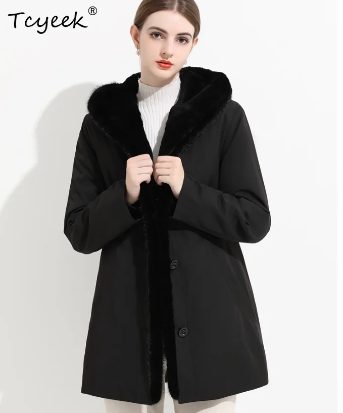 Tcyeek 秋冬 ハイエンド トレンド 取り外し可能 ラビットファー インナーライナー付き フード付き ロング レディース パーカー カサカス パラ ムヘール インヴィエルノ