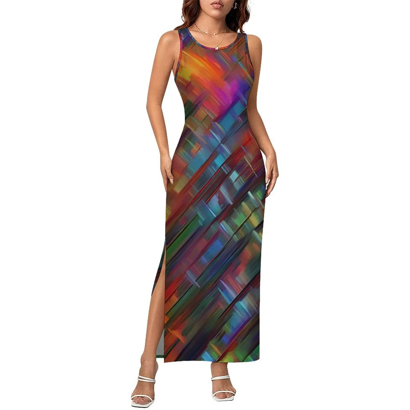 Womens Bodycon Dress Elegant Abstract Brush Print Maxi Dresses Spring Colorful Print Sleeveless Casual Custom Dress Large Size