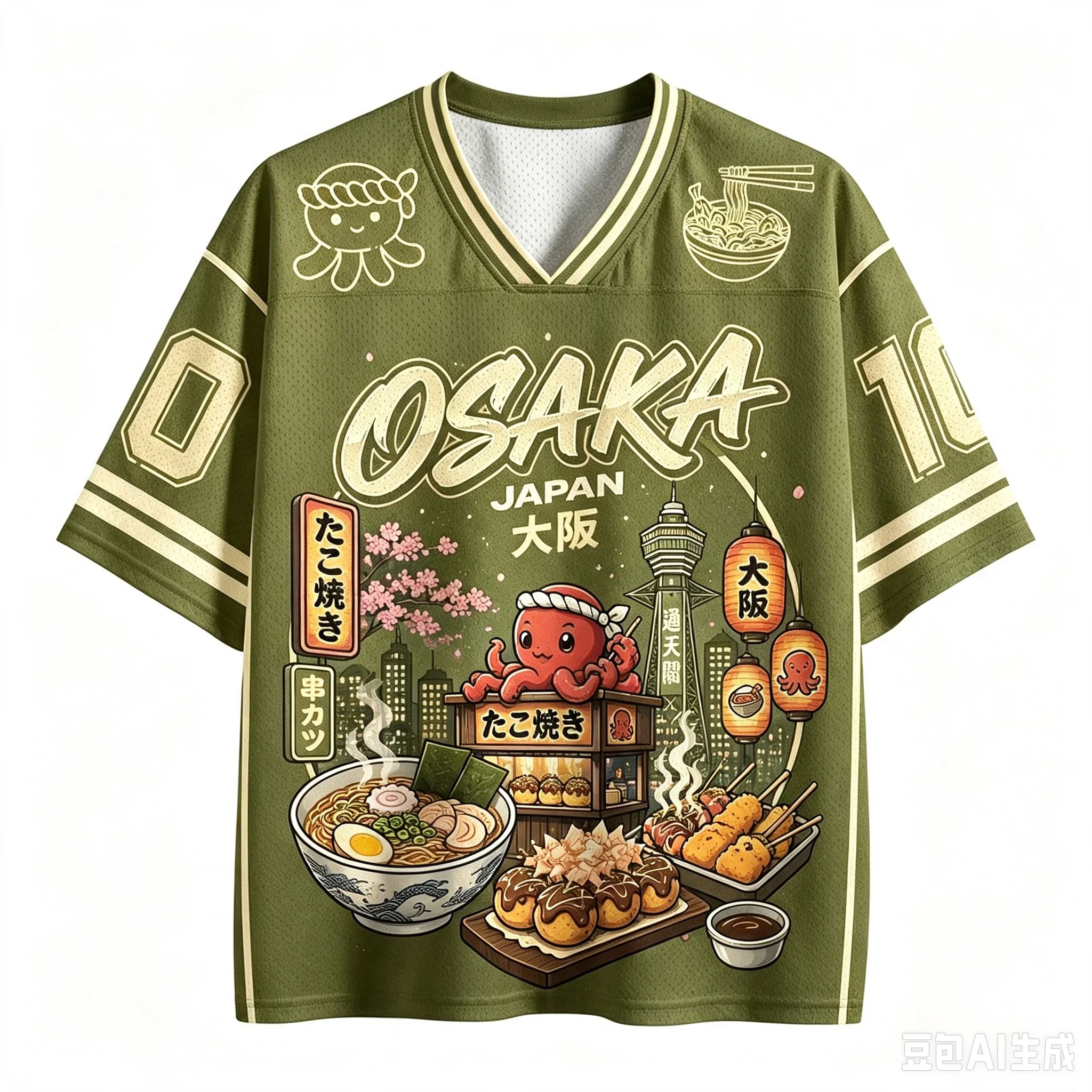 Osaka Japan Street Food Mesh Jersey Unisex Cute Takoyaki Ramen Octopus Cartoon V Neck Short Sleeve Loose Streetwear Top