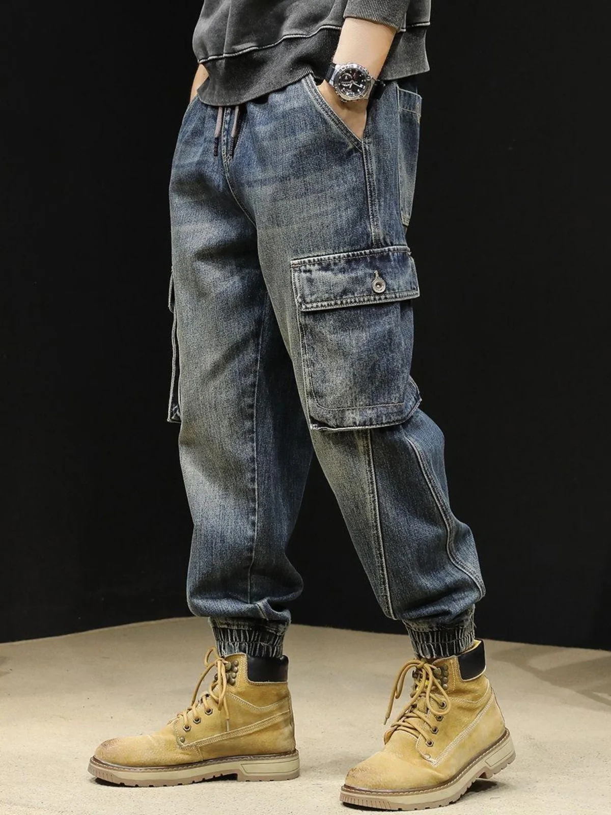 

New 2025 Trendy Brand Men's Loose Casual Denim Pants Multi-ket Workwear Trousers Wide Leg Dstring Waist Jeans
