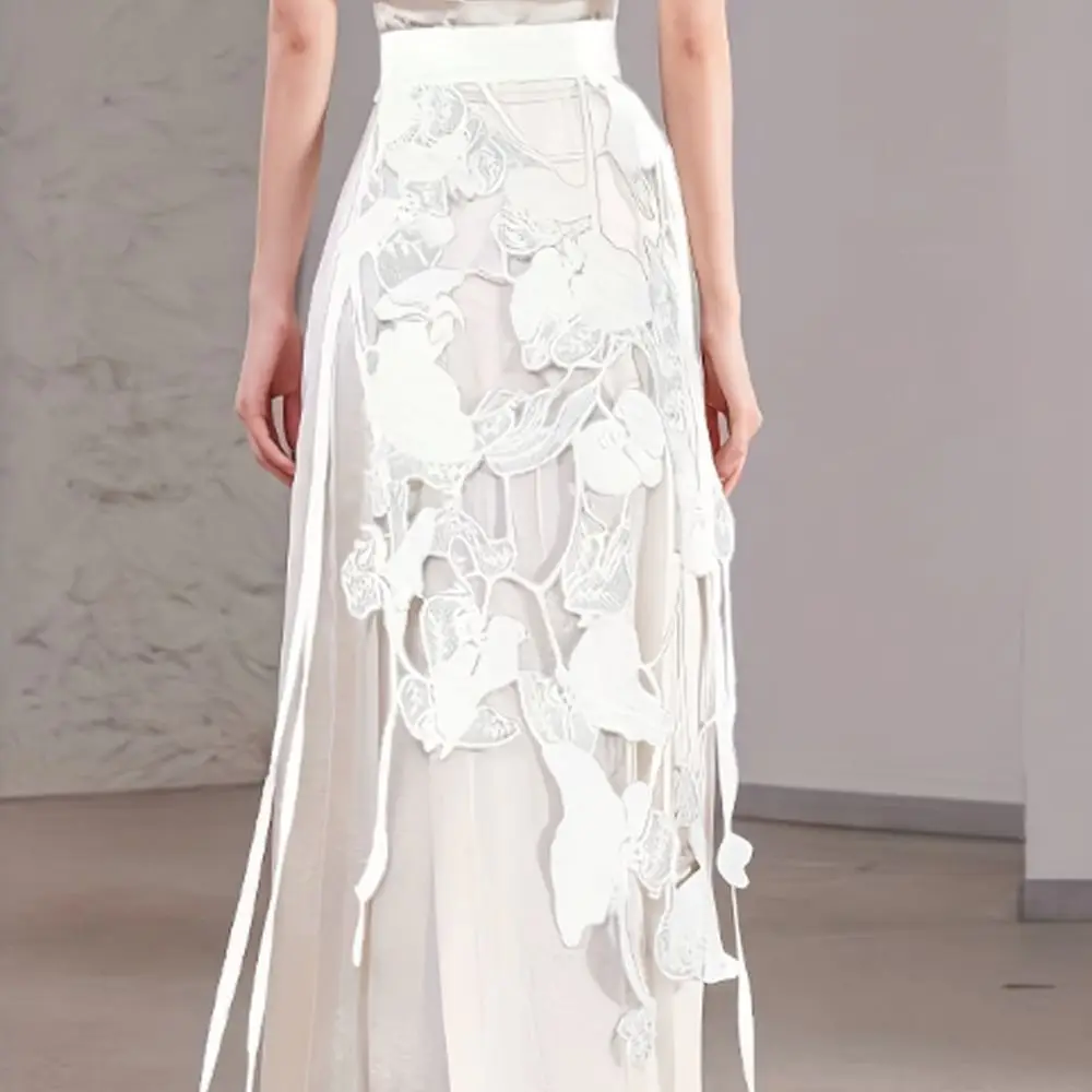 High Waist Lace Midi Skirt Irregular Side Slit Embroidered Flower Lace Drawstring Skirt Y2K Streetwear See Through 11