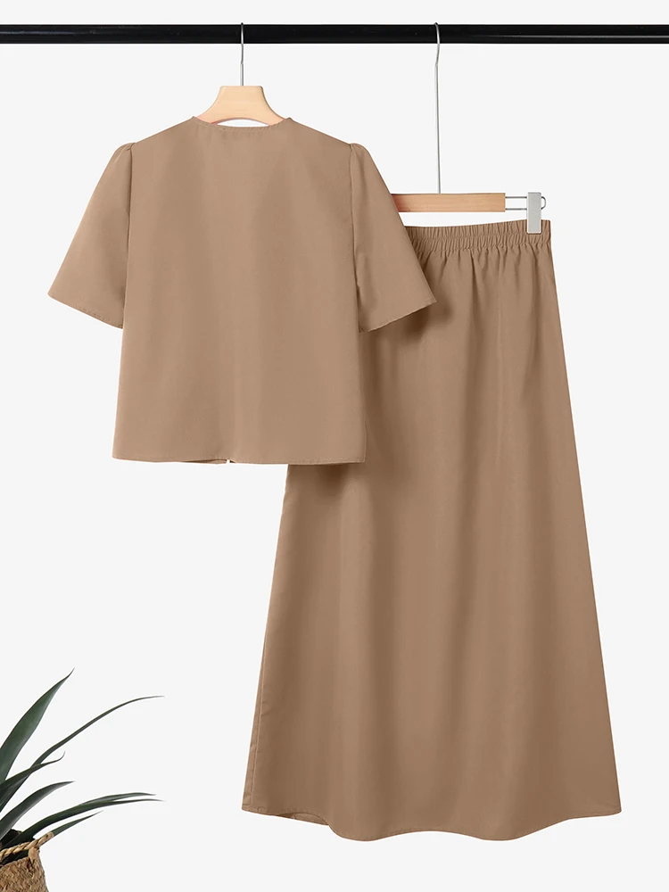 ZANZEA Pakaian Wanita Bergaya Musim Panas Set 2 Potong Blus Lengan Pendek Kerah V Gaun Setelan Elegan Polos OL Pakaian Kerja Tracksuit Ukuran Besar