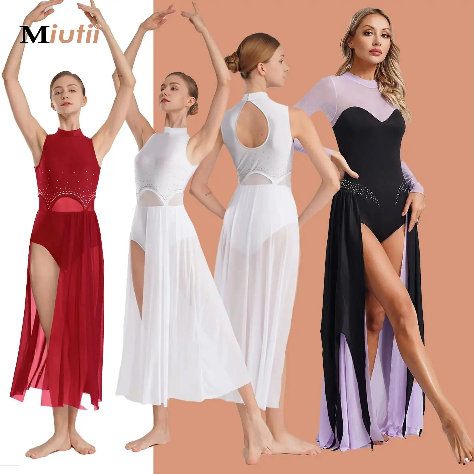 

Женское современное лирическое танцевальное платье русалки со стразами, купальник с разрезом, длинное платье макси для балета, гимнастики, выступления