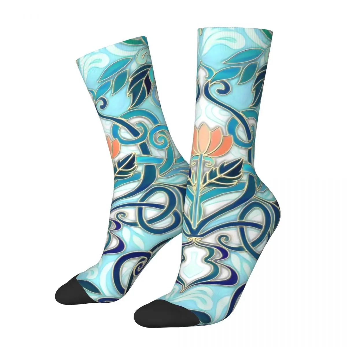 Ocean Aqua Art Nouveau Pattern With Peach Flowers Men's Socks Retro Harajuku Street Style Novelty Pattern Crew Sock