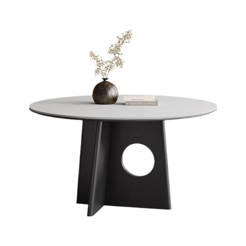 

White slate dining table French retro style home round table black ash wood light luxury high-end round