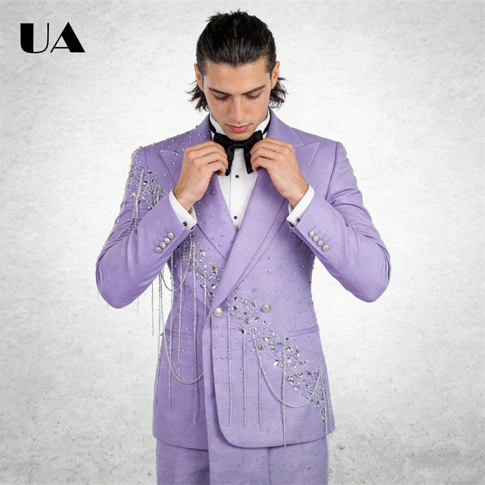 

Lilac Wedding Suit for Groom, Rhinestones Tassels 2-Piece Suit Set, XXS-7XL Big & Tall Man Suit Attire Slim Fitting Tuxedo