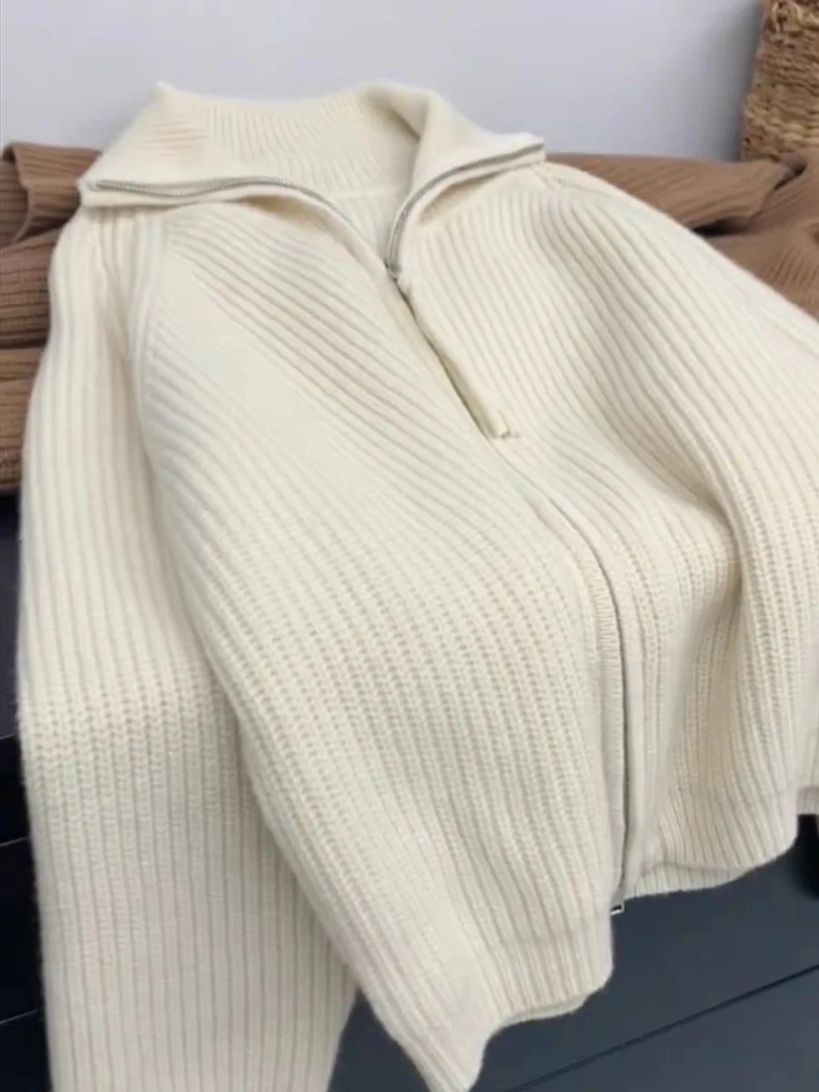 Double Zipper Knitted Sweater Jaet Women's Spring Autumn Bear Fur Collar Loose Fit Commute Sle Long Sve High Collar