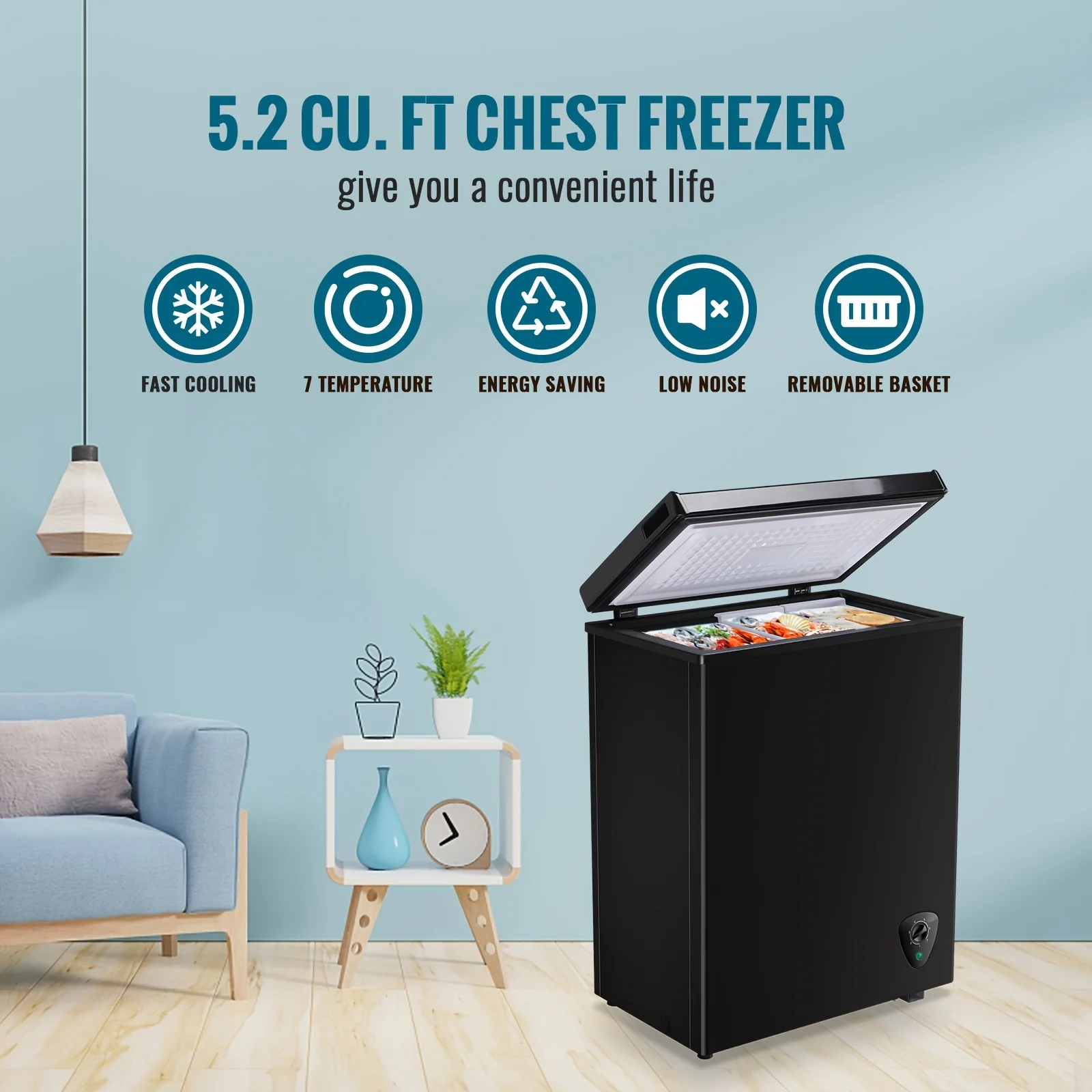 

5.2 CU.FT. Compact Chest Freezer with 7 Adjustable Thermostat, Top Open Door Deep Freezer Compressor Cooling with Removable Storage Basket, Perfect for Home Office Dorm Or Apartment