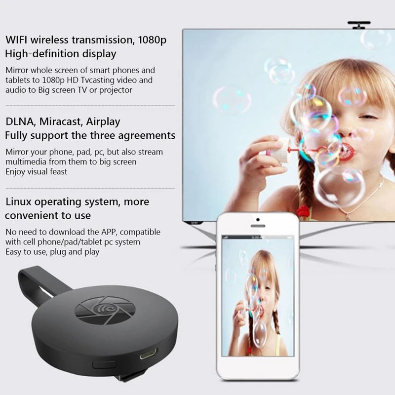 BABQ HDMI محول العرض اللاسلكي شاشة الهاتف المحمول النسخ المتطابق من الهاتف إلى شاشة كبيرة لـ Chrome Google Home Black