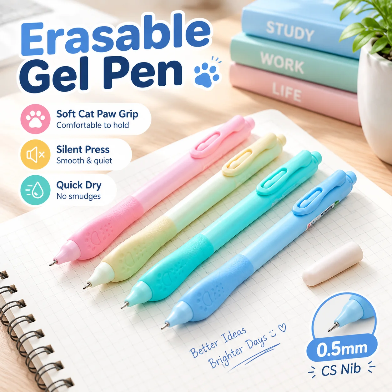 AiHao Thermal Erasable Gel Pen Silent Click Posture Correcting 0.5mm CS Tip Retractable Black Blue Ink Refill