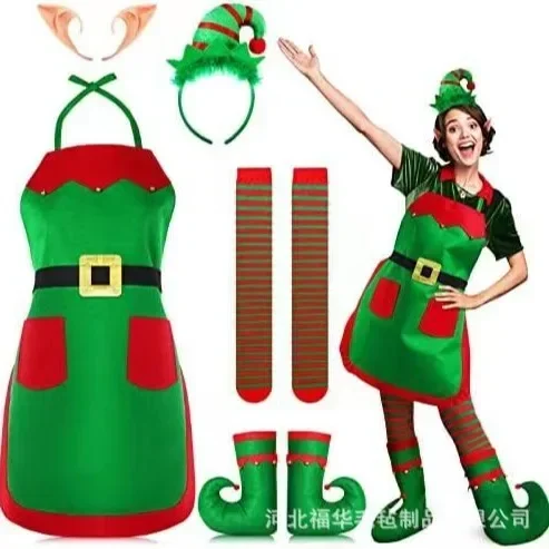 

2024 New Christmas Santa Claus Costume Green Elf Cosplay Suit Family Carnival Party New Year Kitchen Apron Hat Socks Clothes Set