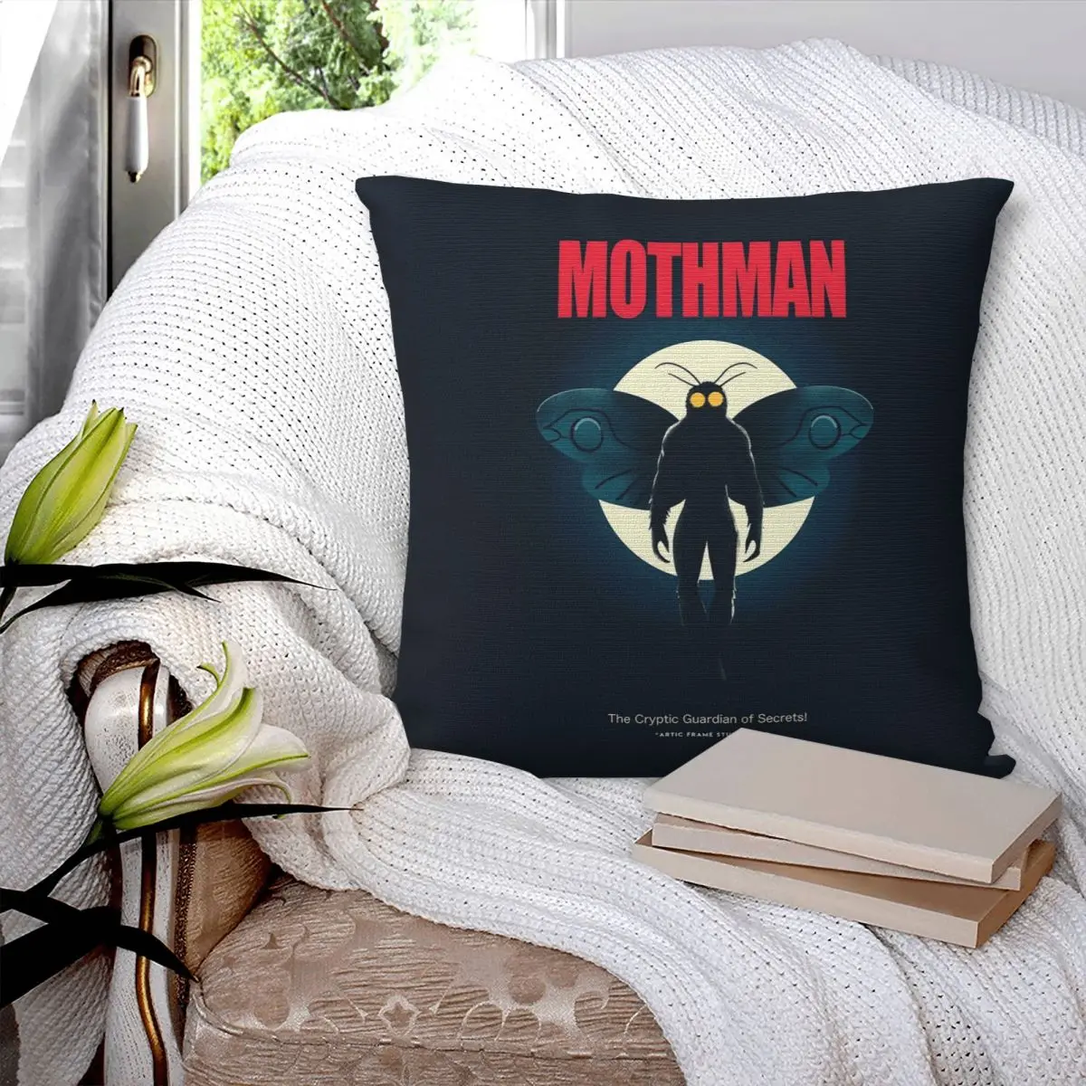 Vintage Retro Mothman Poster Cryptid Legend Illustration Square Pillowcase Pillow Cover Cushion Decor Throw Pillow for Home Car