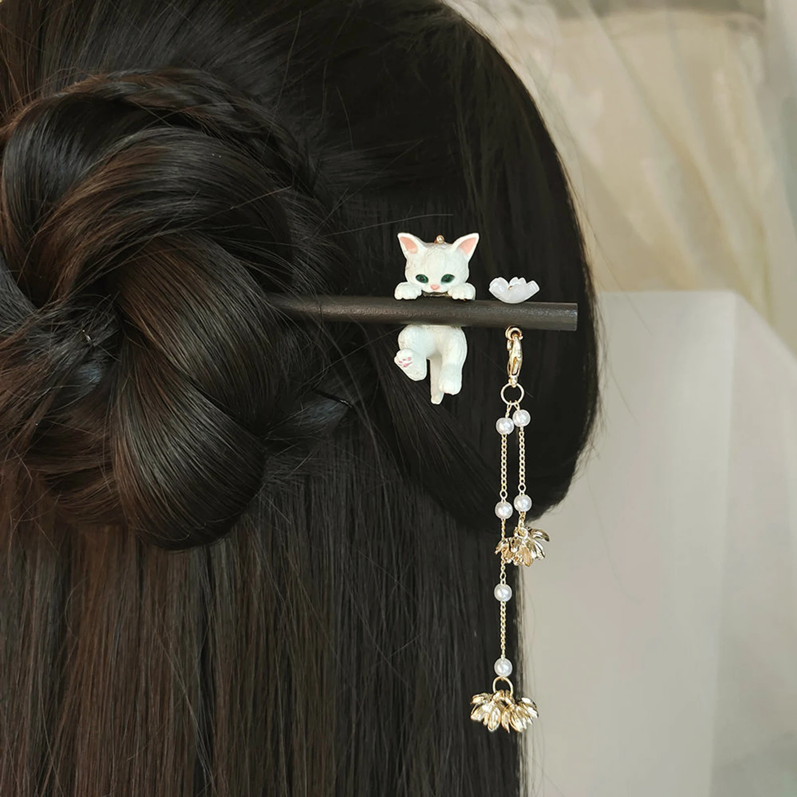 Vintage Katzen-Haarspange mit Quaste, Niedliche Holz-Haarnadel für Cheongsam-Partys, Chinesische Hanfu-Haaraccessoires, Retro-Quasten-Haarklammer