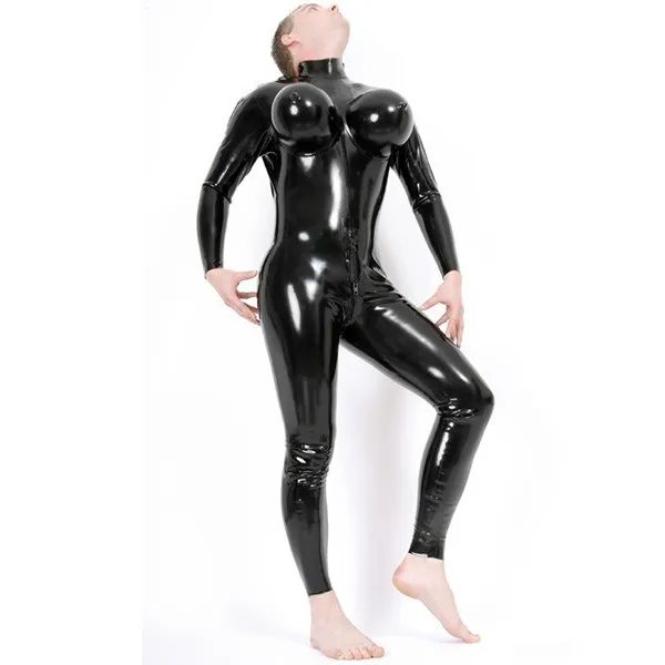 

Latex Catsuit With Inflatable Breast Cross Dress Black Coverall Bodysuit