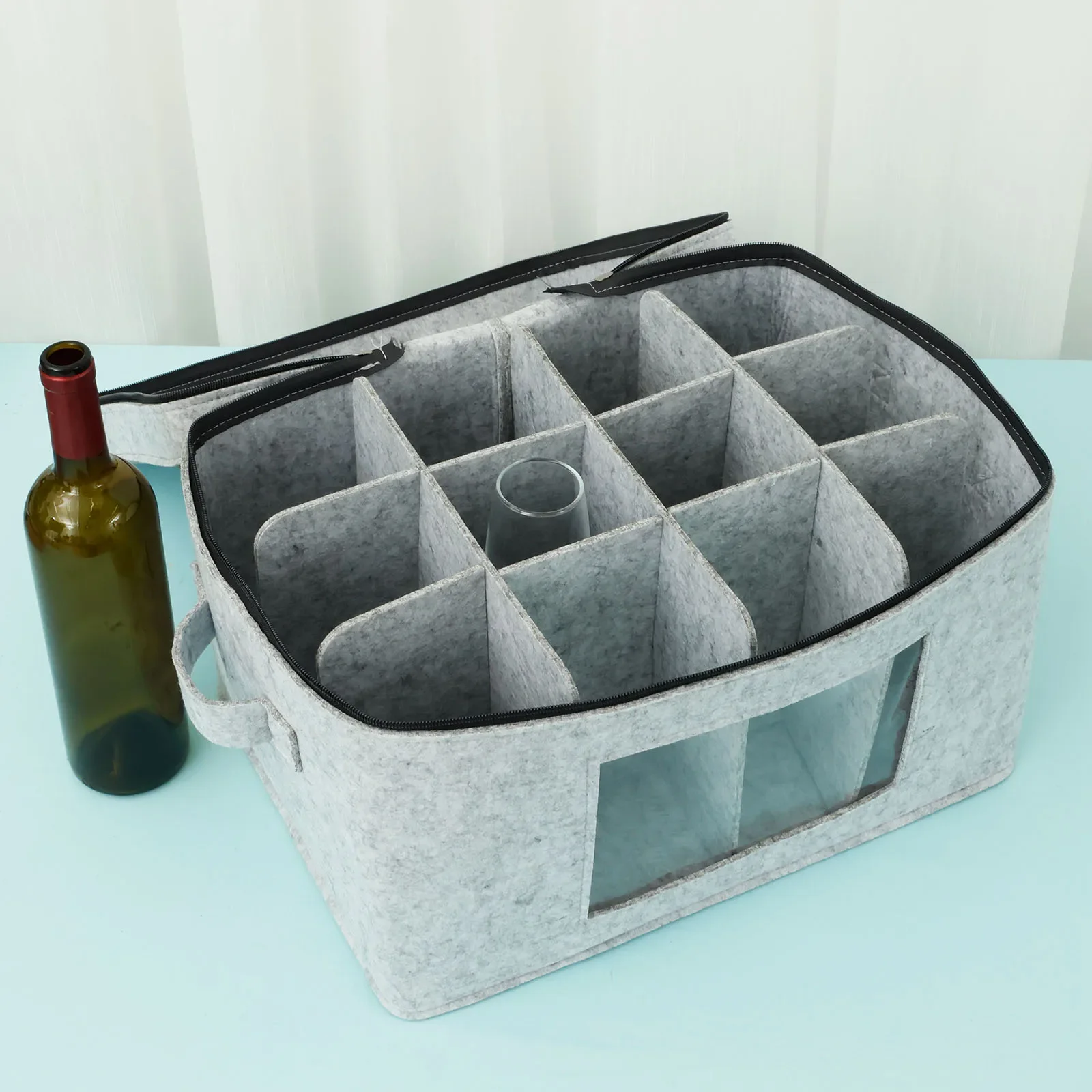 Wine Glass Storage Organizer Stackable Felt Stemware Container with 12 Removable Divider Foldable For Travel Wine Bottle Bag