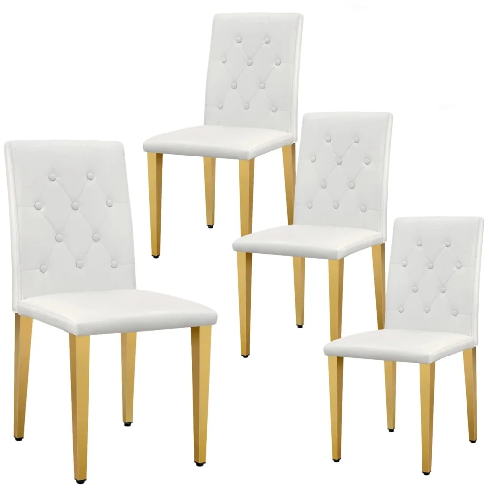 Modern Dining Chairs Set of 4, Button Tufted Upholstered Parsons Dining Chairs with Gold Metal Legs, White PU, Customized
