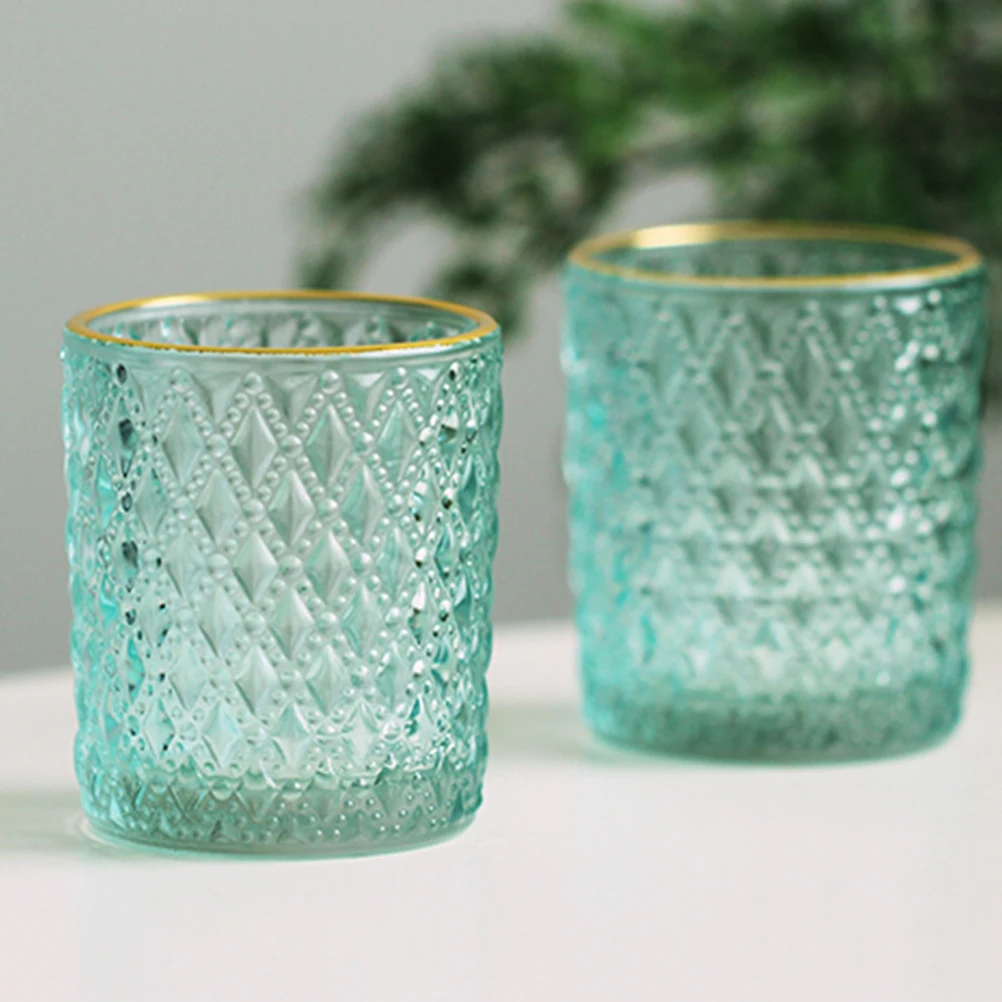 

6Pcs Gold Rimmed Relief Cup Glass Holder Elegant Decorative Candlestick for Living Room Bedroom Office Use