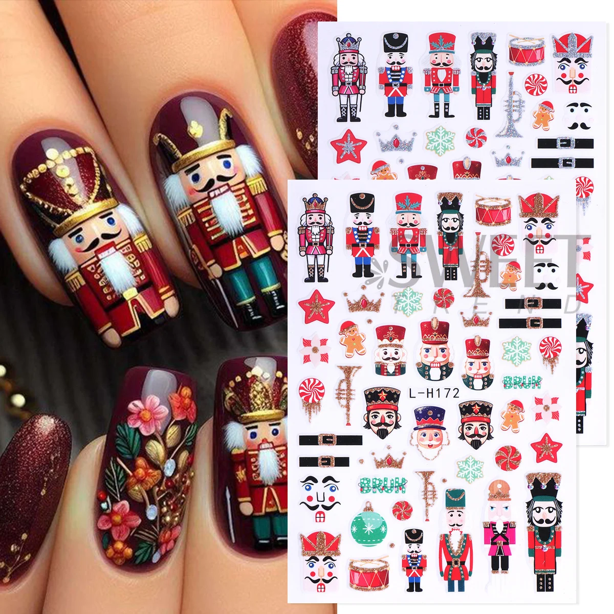 4pcs Shimmer Adorable Christmas Nail Art Decals Reindeer Bow Santa Nutcracker Design Xmas Trending Sticker Winter Manicure Decor