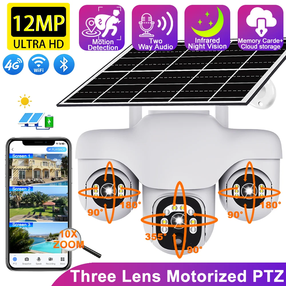 

12MP HD Three Lens Solar Powered Surveillance Camera Outdoor CCTV 10X Zoom Wireless Security Camera Waterproof PTZ Camera Farm