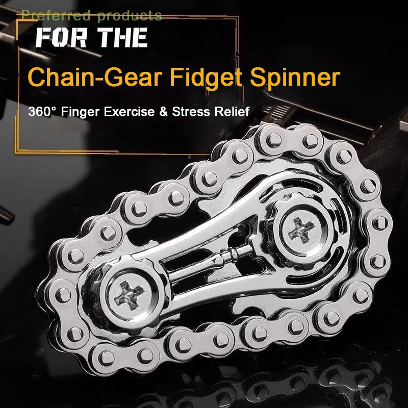 Brinquedos de corrente de fidget de rolo de mão de rodas dentadas, girador de fidget de corrente de engrenagem dupla de metal-brinquedo de foco de alívio de estresse usinado de precisão