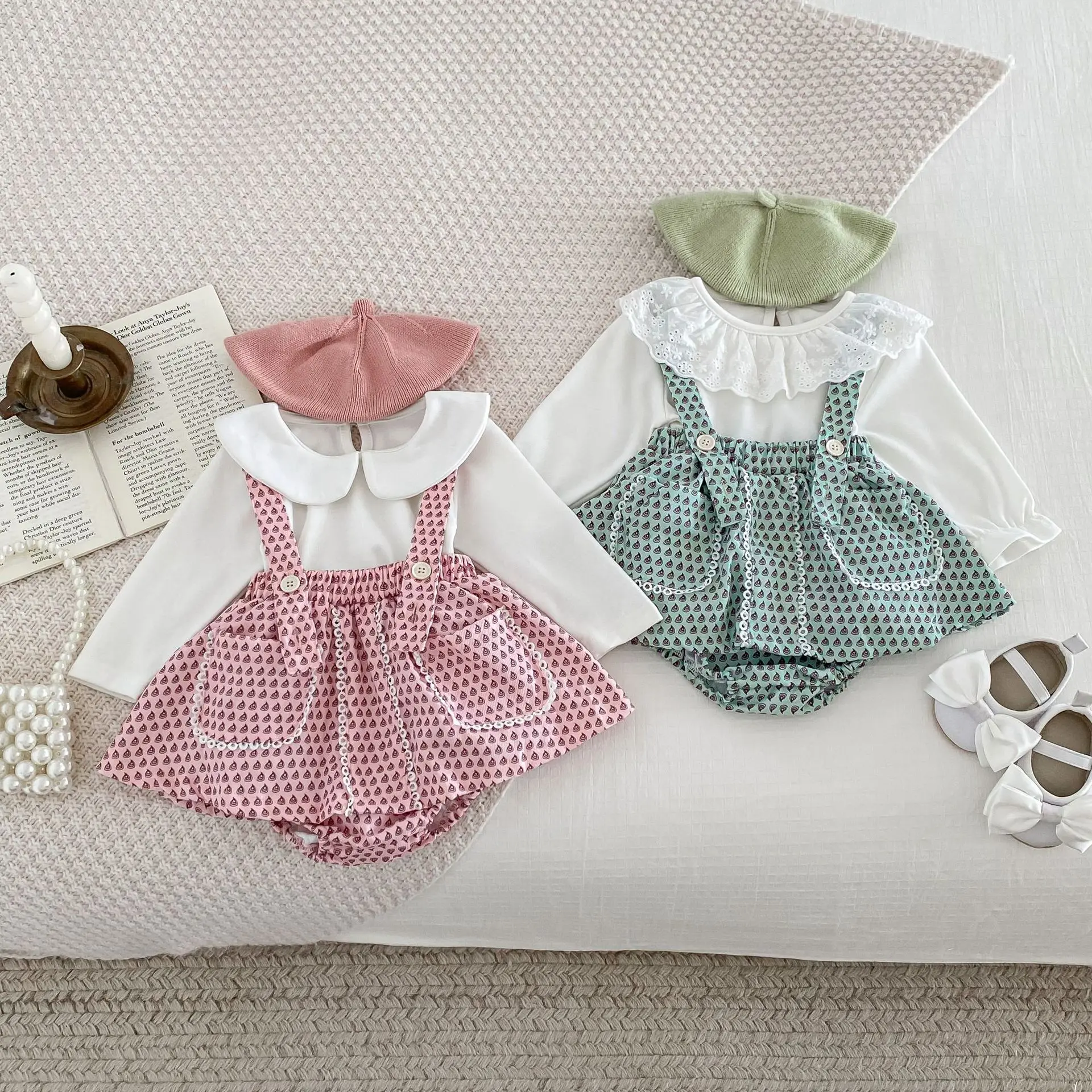 2024 Ins Autumn Baby Girls 2PCS Clothes Set Cotton Solid Shirts Strappy Lace Pocket Printed Skirts Suit Toddler Girls Outfits