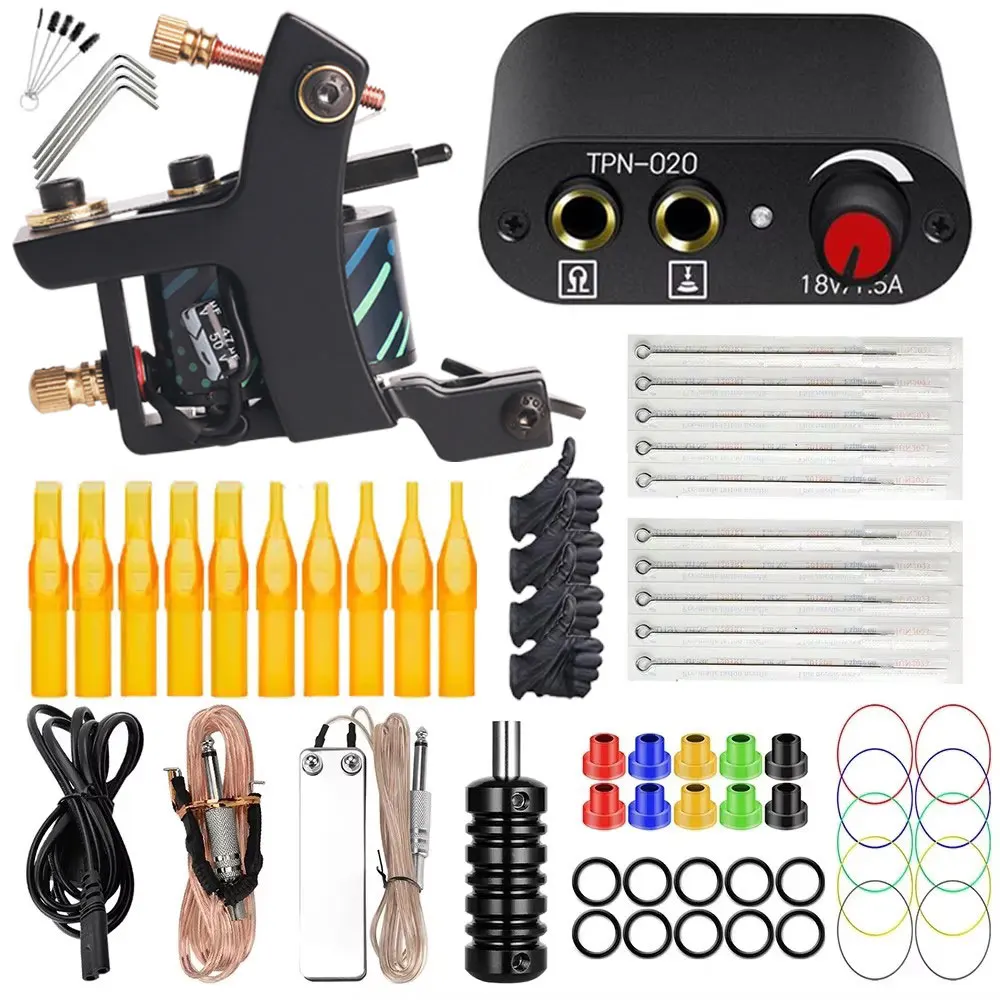 Kit de Machine à tatouer à bobine professionnelle, ensemble de tatouage pour débutant, Kit de mitrailleuse à tatouer avec alimentation électrique pour outil d'art corporel