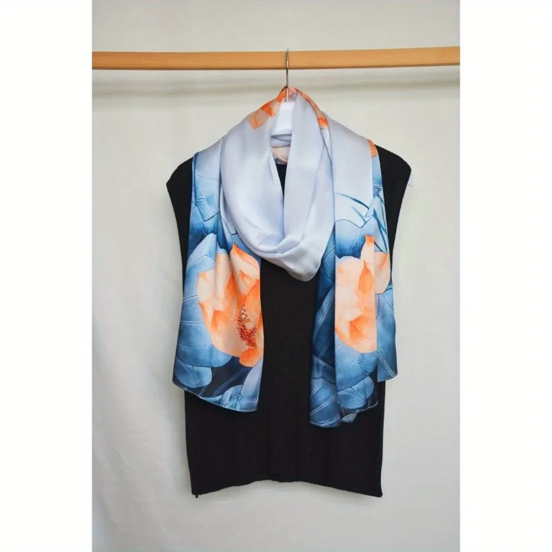 

100% Mulberry Silk Long Scarf for Women Large Oblong Shawls for Headscarf Neck- Oblong Hair Wraps Gift Packed Blue Lotus Print